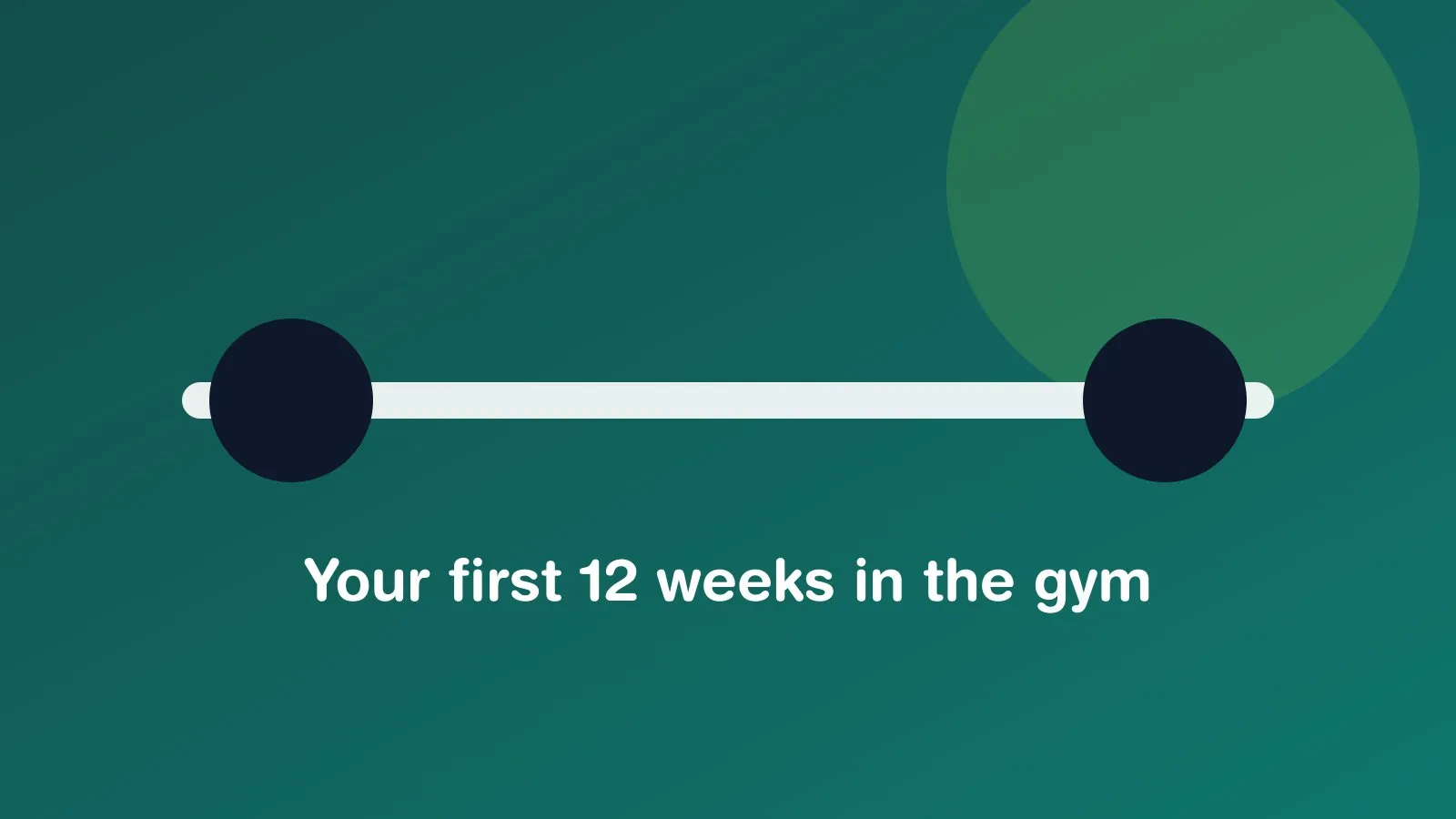 A barbell loaded with plates on a gym floor with the text “Your first 12 weeks in the gym”