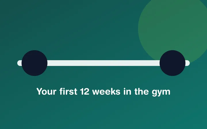 A barbell loaded with plates on a gym floor with the text “Your first 12 weeks in the gym”