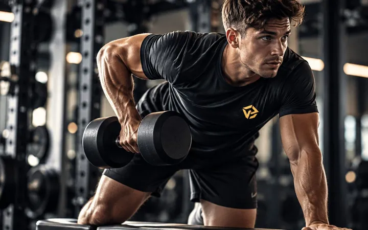 A lifter in a dark gym bracing on a bench mid-way through a single-arm dumbbell row