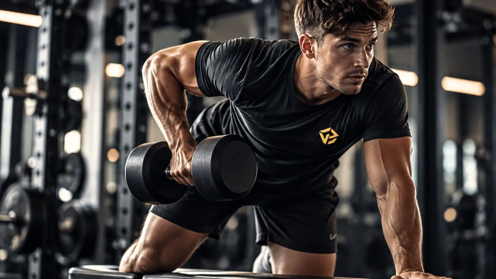 A lifter in a dark gym bracing on a bench mid-way through a single-arm dumbbell row