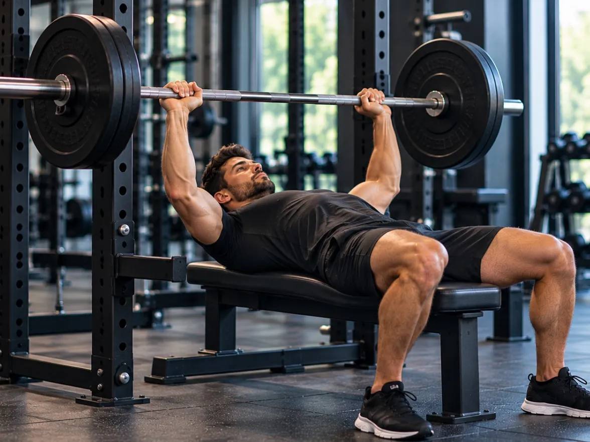 Athlete lying on a flat bench, holding a loaded barbell at arm’s length above the chest
