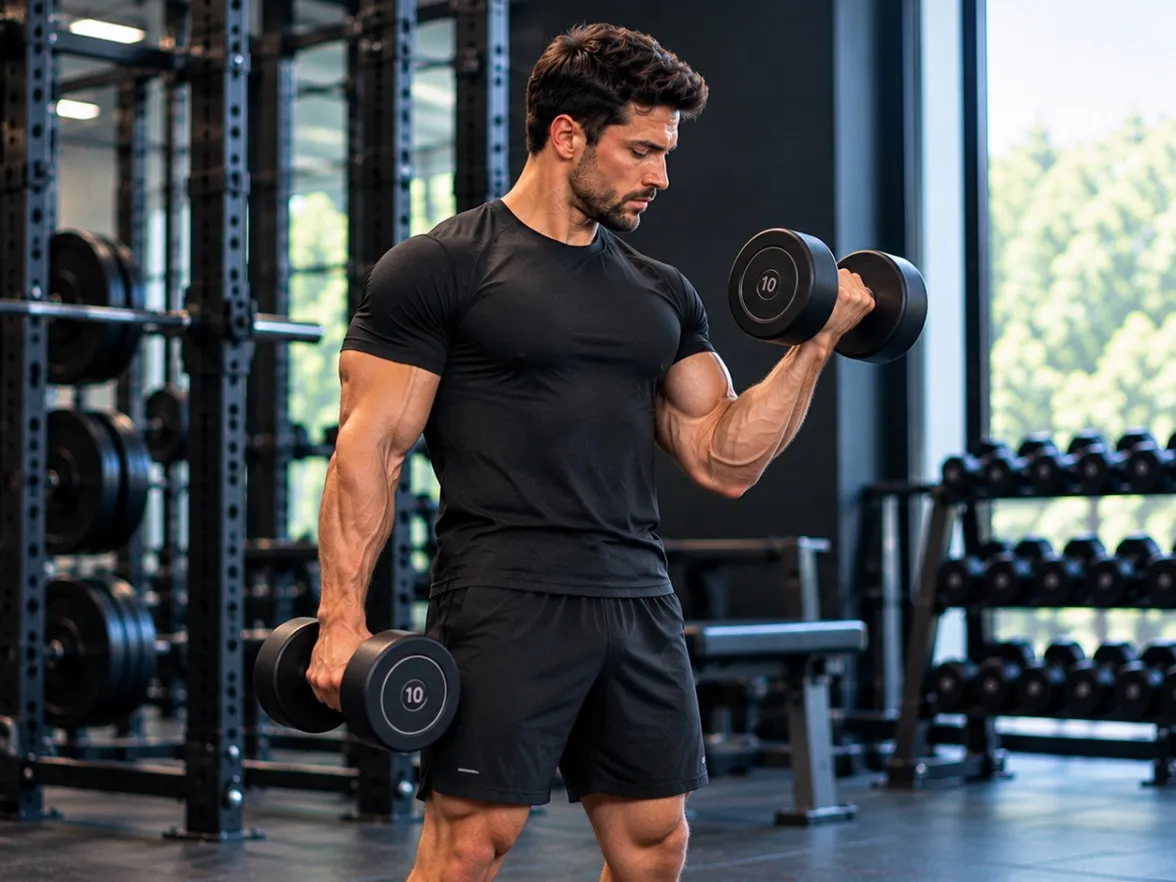 Athlete curling a dumbbell with one arm, a second dumbbell held at the side