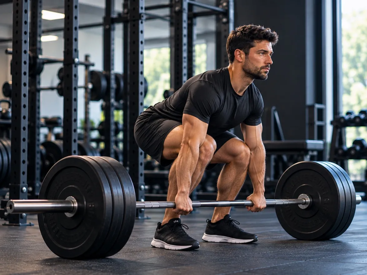 Athlete in the start position of a barbell deadlift, gripping the bar with hips back
