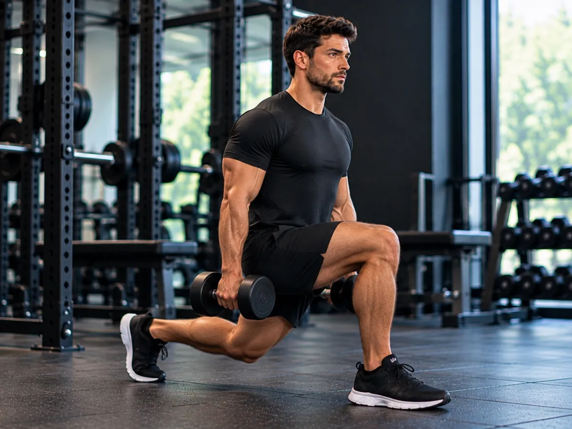 Athlete in a dumbbell lunge with the back knee close to the floor