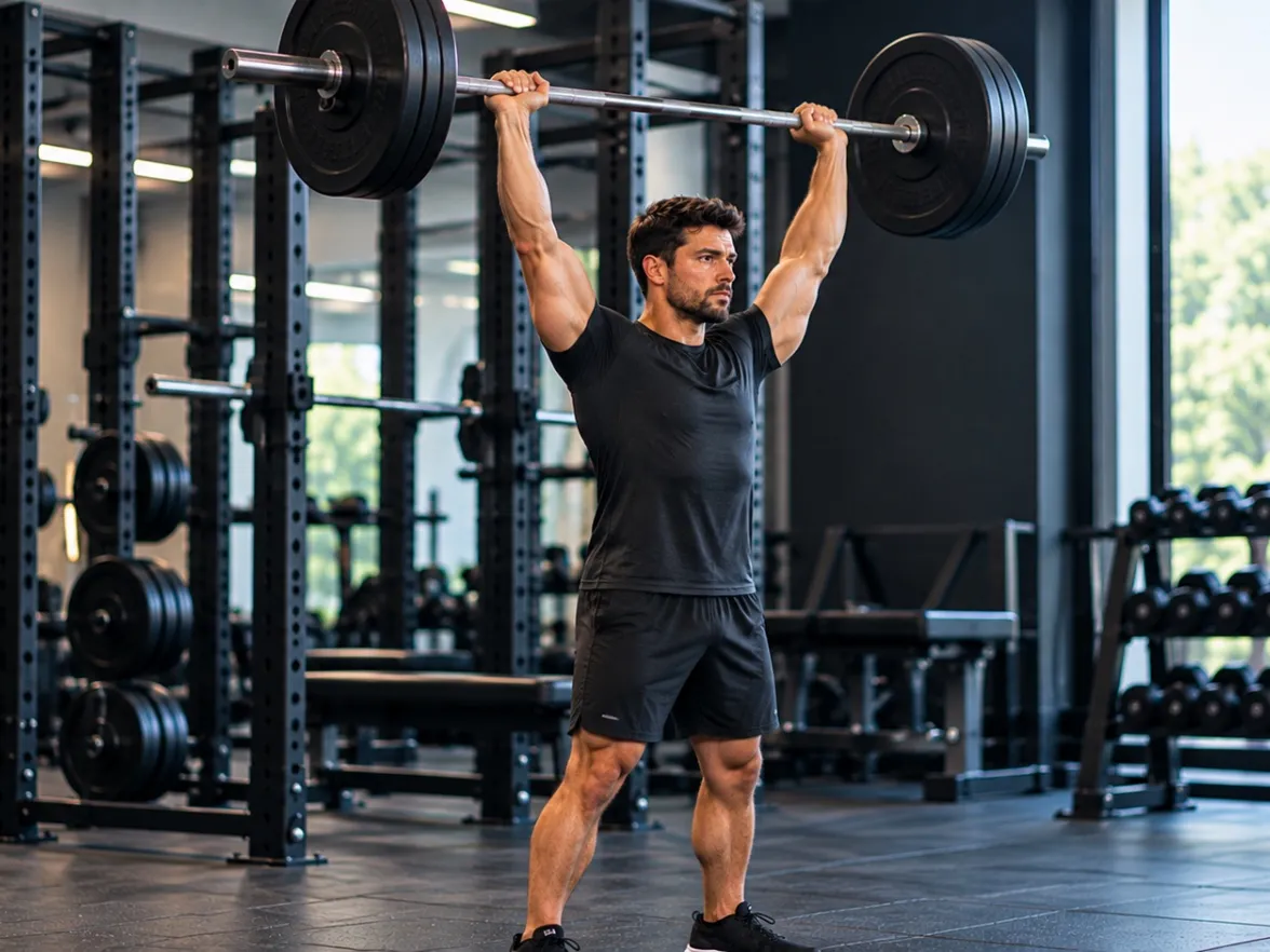 Athlete standing with a loaded barbell locked out overhead