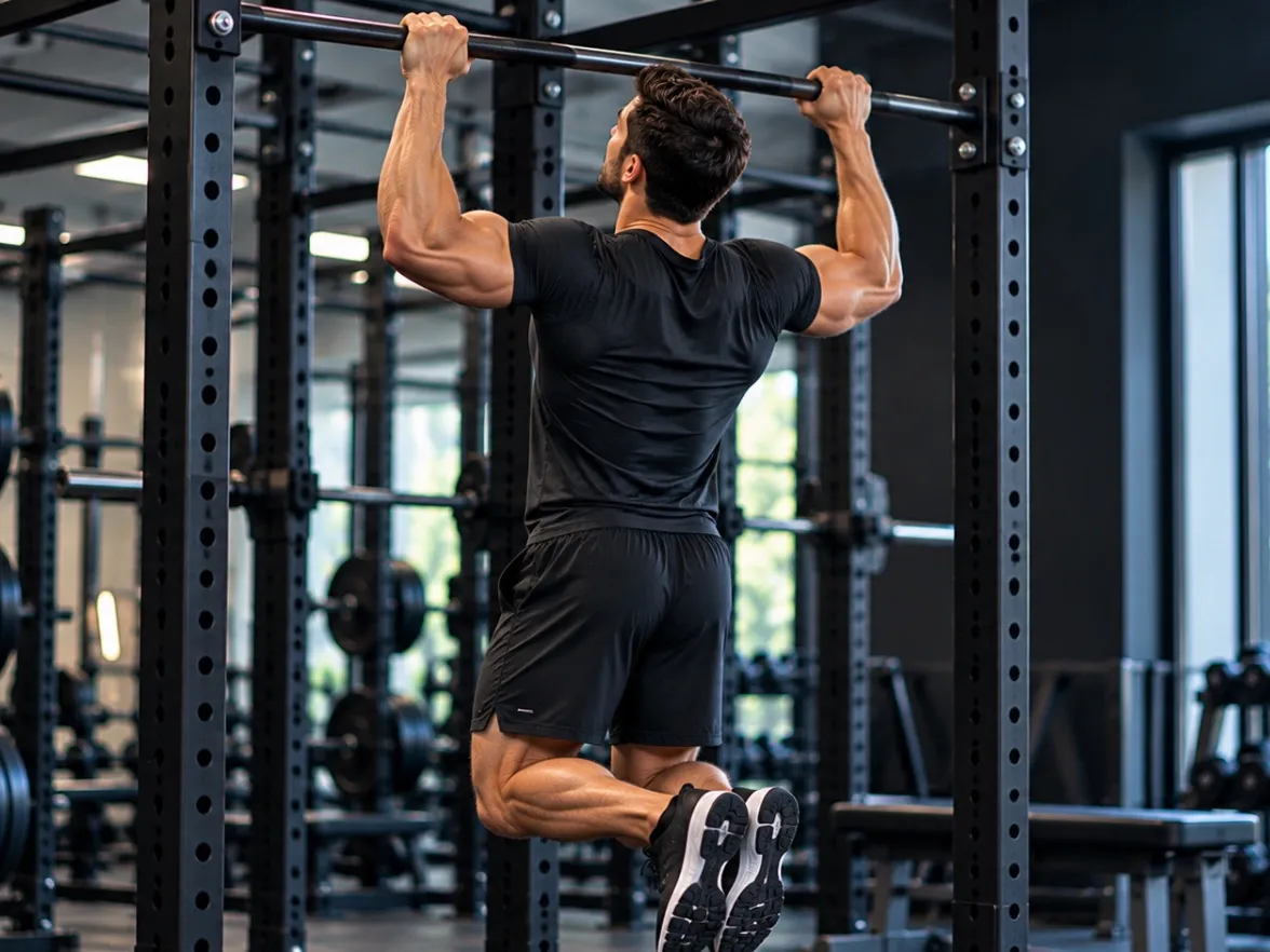 Athlete seen from behind, pulling up on a bar in a power rack