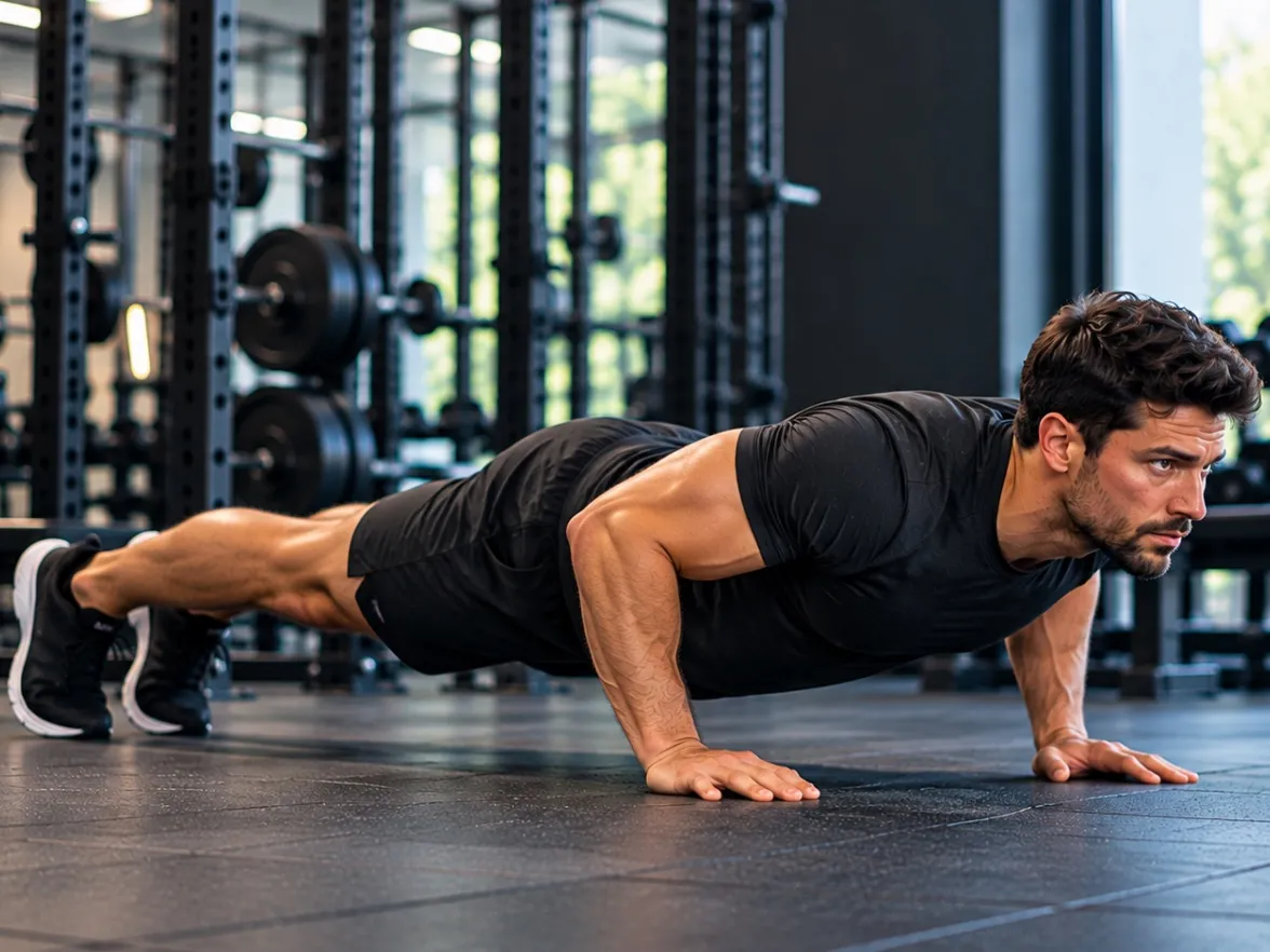 Athlete in a push-up on a gym floor, body straight from head to heels