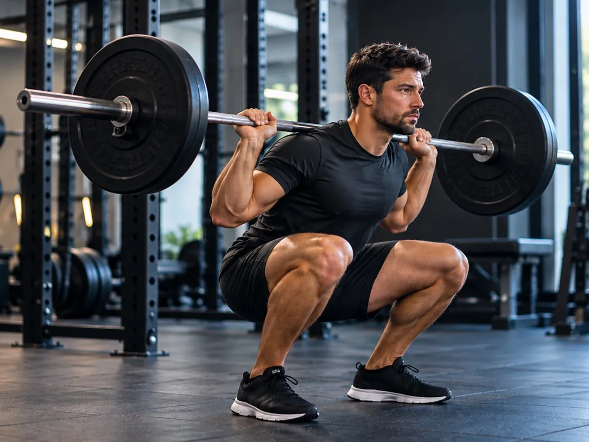 Athlete at the bottom of a barbell back squat in a gym, shown from the side