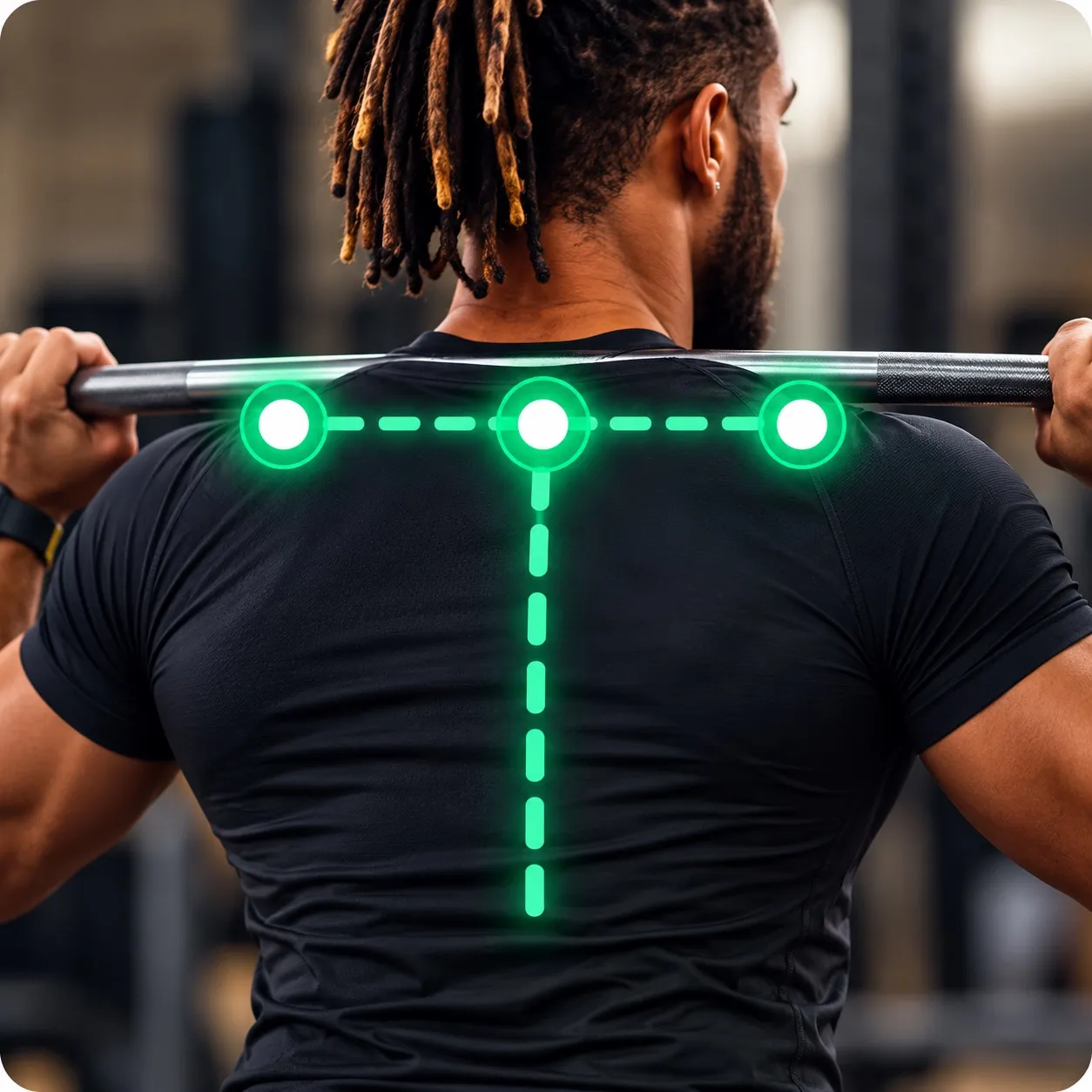 Close-up of an athlete’s upper back under a barbell, with pose-tracking points across the shoulders and a line down the spine