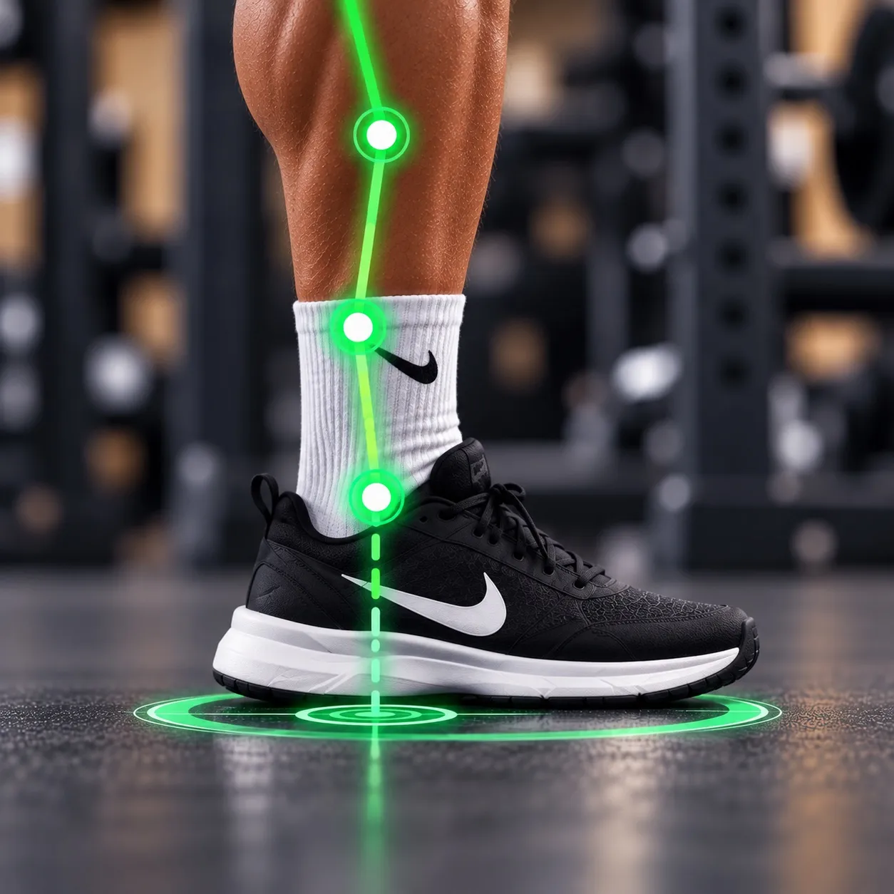 Close-up of an athlete’s lower leg and shoe with a green tracking line through the shin and ankle down to a balance target on the floor