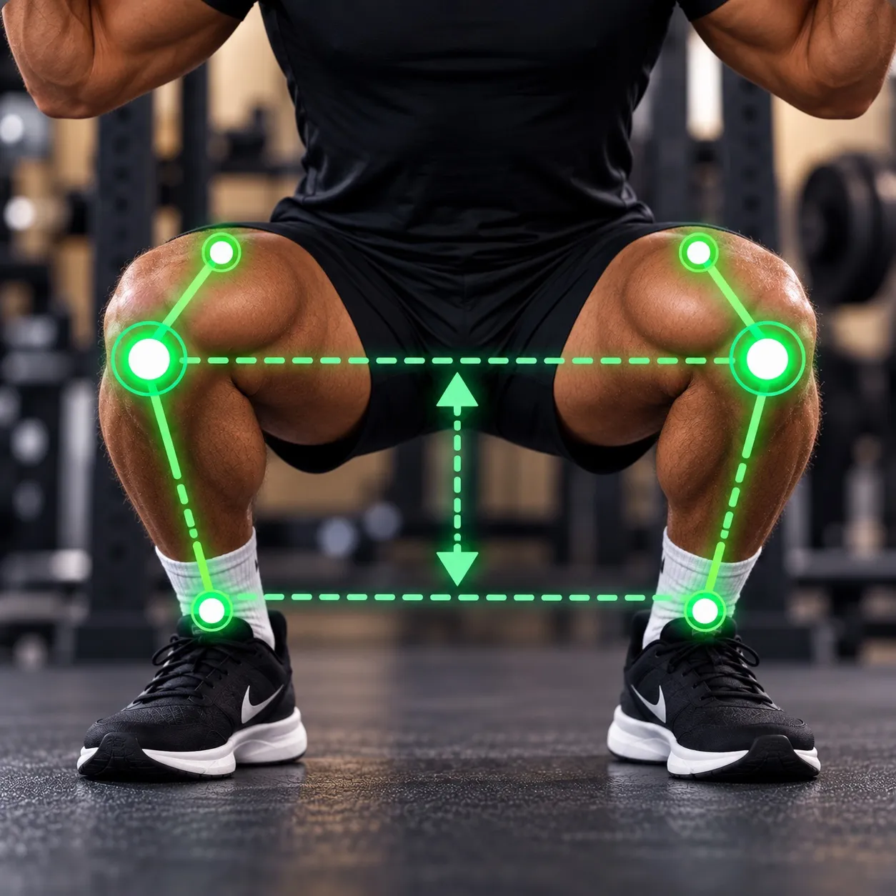 Front view of an athlete at the bottom of a squat with green tracking points on the hips, knees and ankles and guide lines measuring squat depth