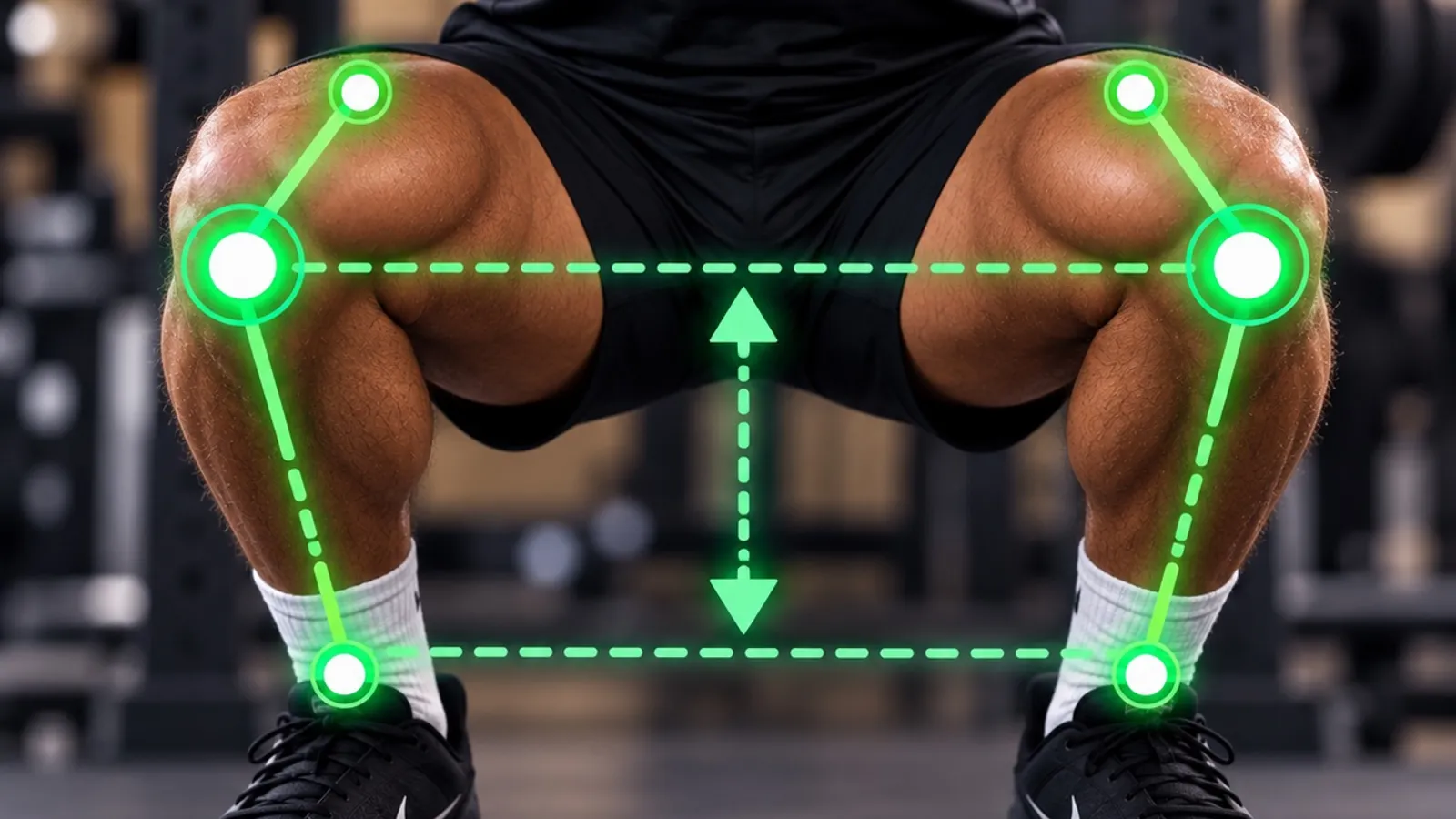 Front view of a lifter at the bottom of a squat with tracking points on the hips, knees and ankles and a marker showing depth