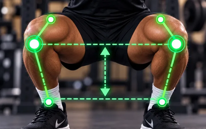 Front view of a lifter at the bottom of a squat with tracking points on the hips, knees and ankles and a marker showing depth