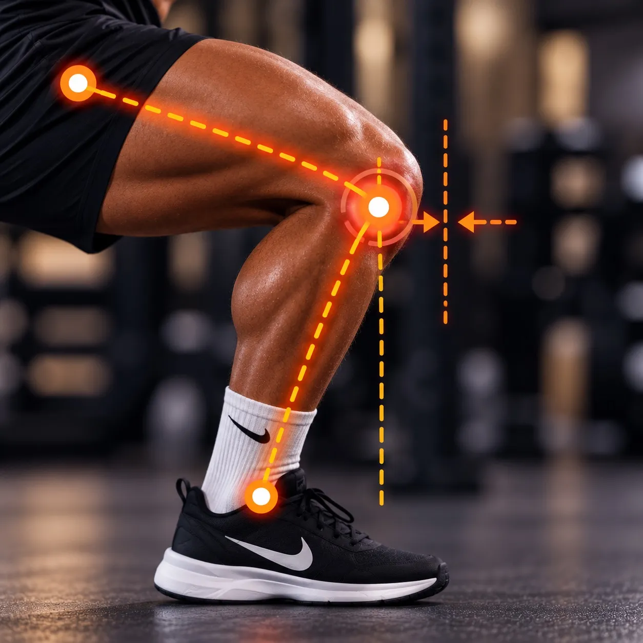 Side view of an athlete’s leg in a squat with orange pose-tracking points on the hip, knee and ankle, and guide lines showing the knee travelling forward past the toes