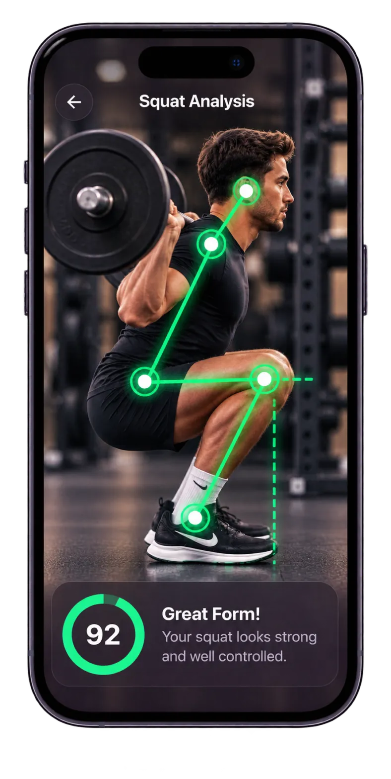 Trayner app on a phone showing a Squat Analysis screen: a side-on squat with green pose-tracking points on the neck, shoulder, hip, knee and ankle, and a form score of 92 with the message “Great form!”