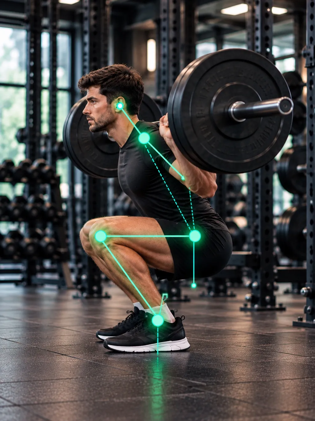 Side view of a barbell back squat at full depth, with green pose-tracking points and lines on the ear, shoulder, hip, knee and ankle