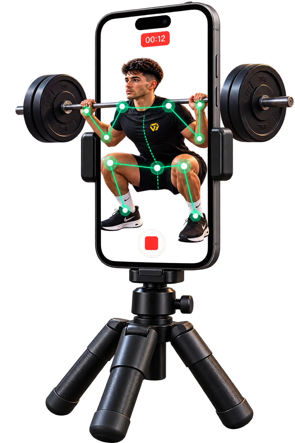 A phone on a small tripod recording an athlete in a Trayner t-shirt at the bottom of a barbell squat, with green pose-tracking points and lines on the shoulders, elbows, hips, knees and ankles and a recording timer at 00:12