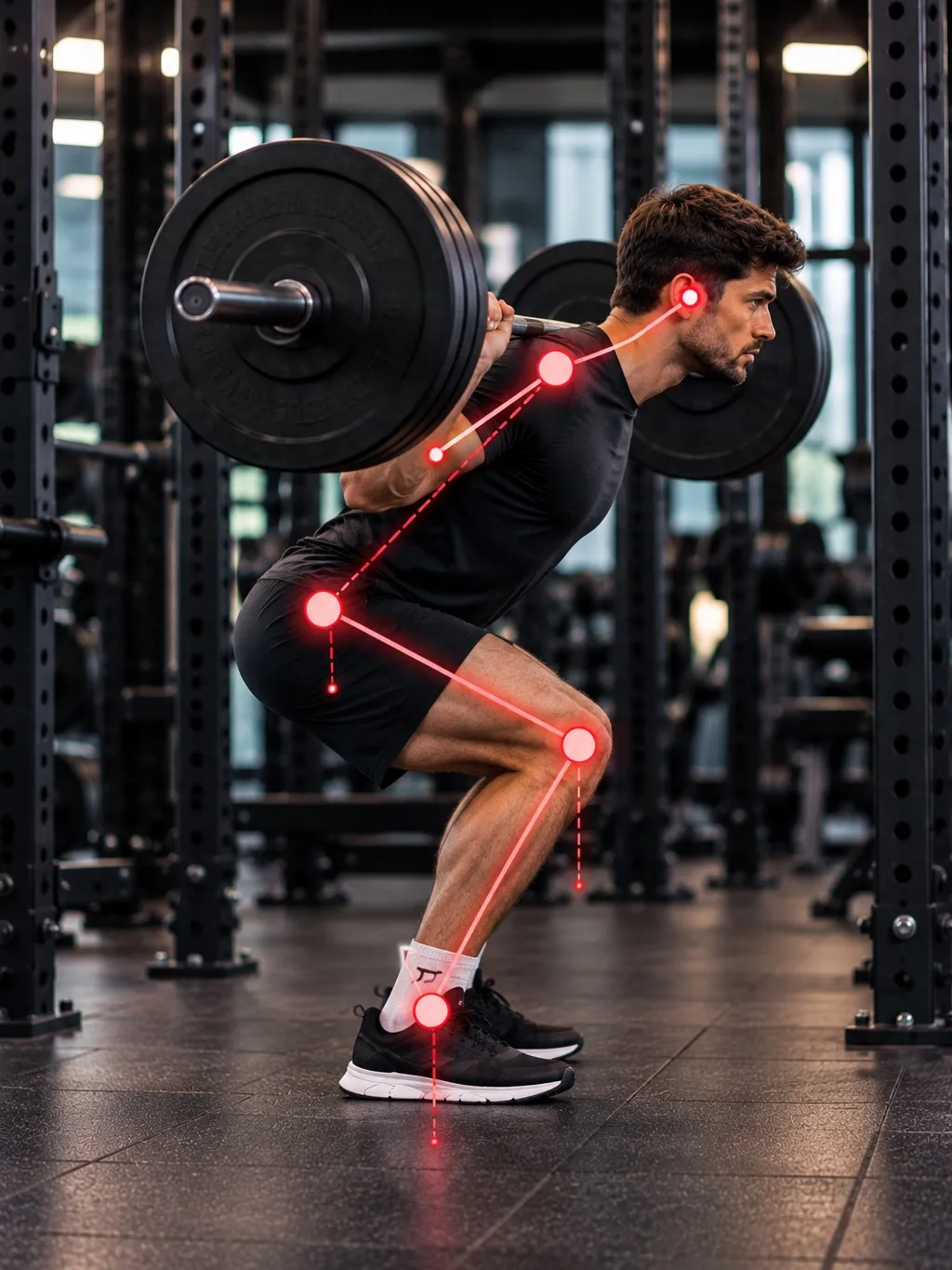 Side view of a barbell back squat stopping above parallel with the chest leaning forward, with the pose-tracking points and lines highlighted in red