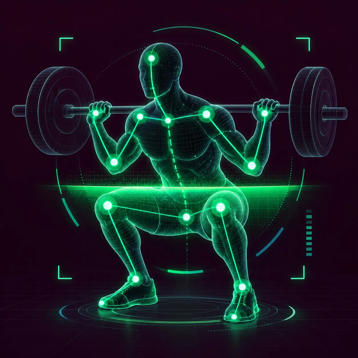 Wireframe figure in a barbell squat with glowing AI pose-tracking points on the joints