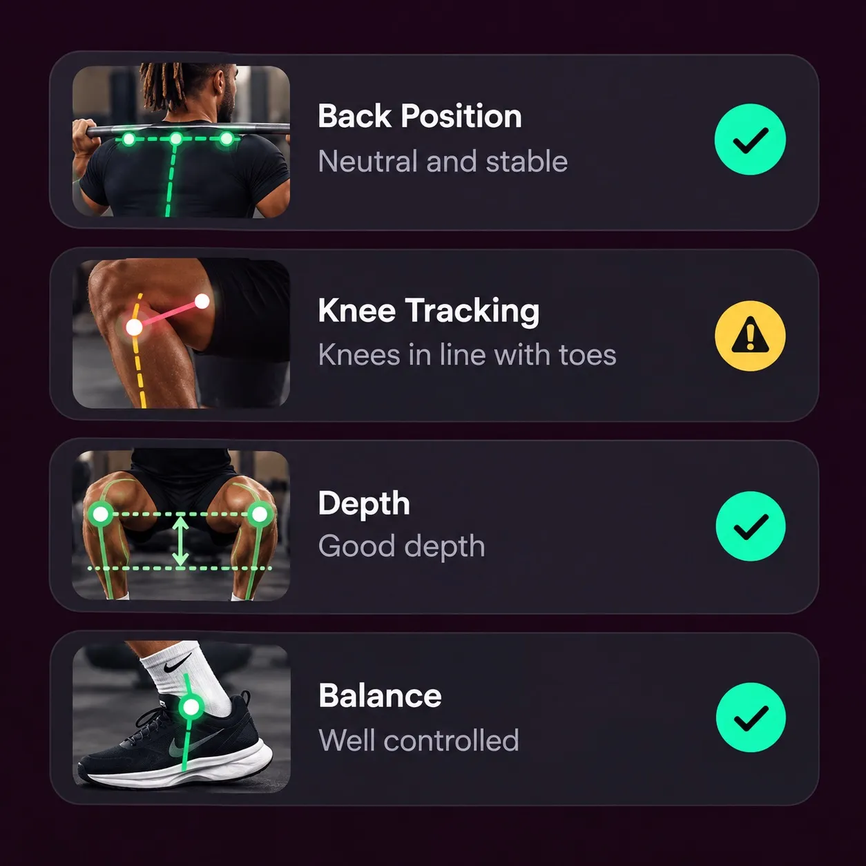 Four Trayner feedback cards, each with a close-up photo: back position neutral and stable, knee tracking flagged with a warning, good depth, and well-controlled balance