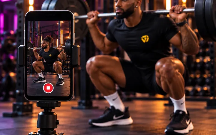 A phone on a tripod recording a lifter doing a barbell squat in a gym, with the whole body visible on screen