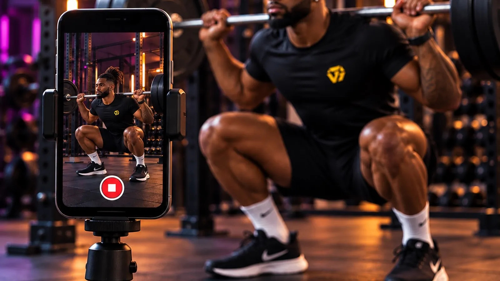 A phone on a tripod recording a lifter doing a barbell squat in a gym, with the whole body visible on screen