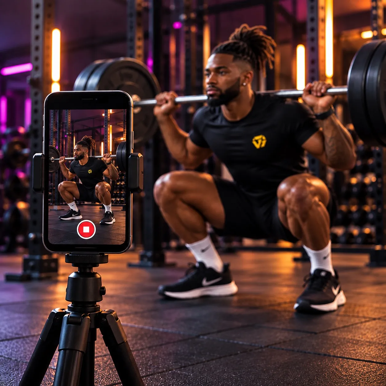 Phone on a tripod recording an athlete’s squat