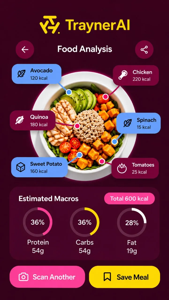 Trayner Food Analysis screen: a bowl with avocado, chicken, quinoa, spinach, sweet potato and tomatoes identified, with estimated protein, carbs and fat totalling 600 kcal