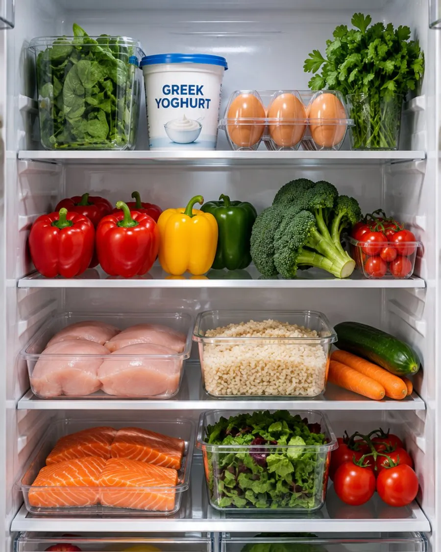 Inside a fridge: spinach, Greek yoghurt, eggs and coriander on the top shelf; peppers, broccoli and cherry tomatoes below; then chicken breasts, cooked rice, cucumber and carrots; and salmon, salad and tomatoes at the bottom