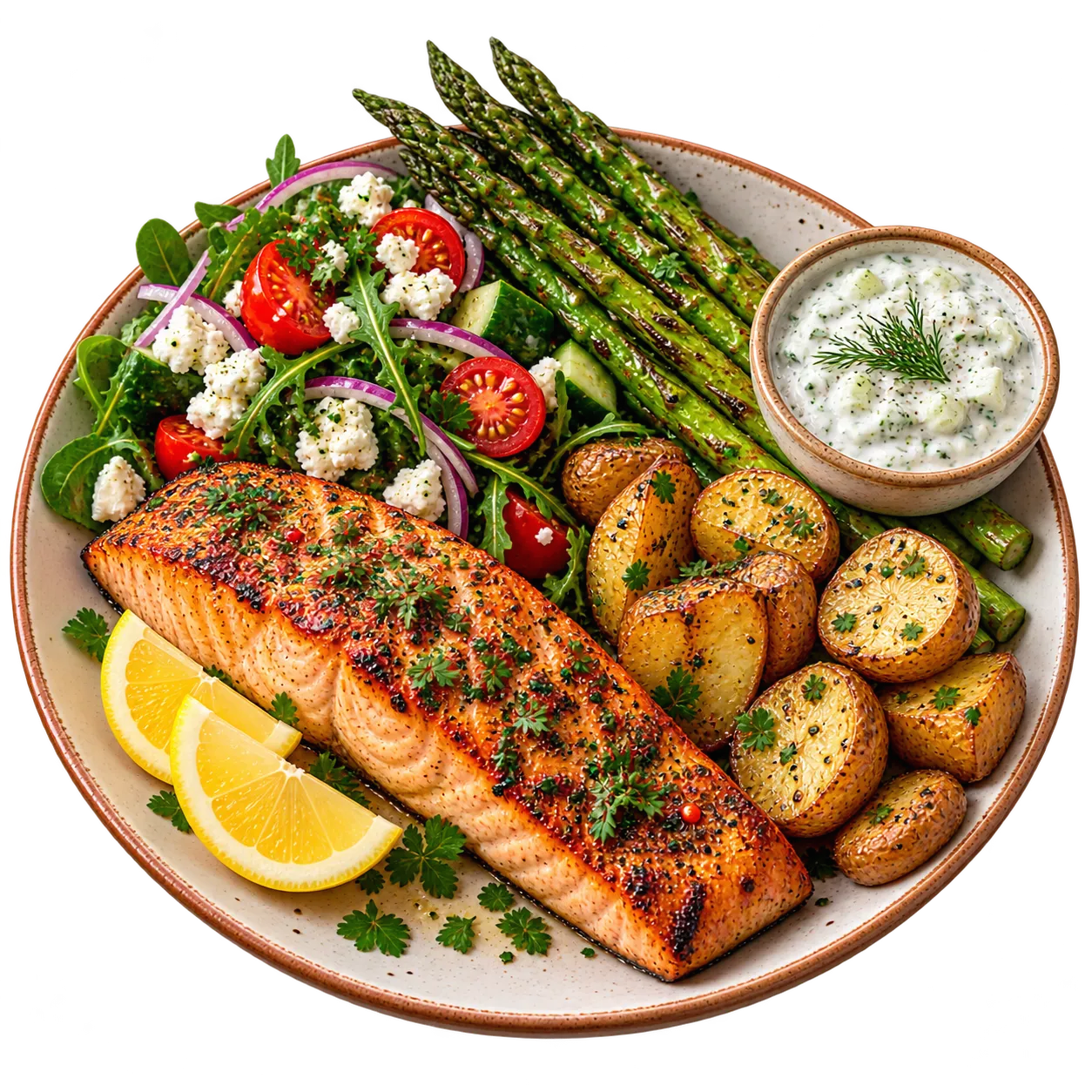 Top-down photo of a plate with a grilled salmon fillet, roasted new potatoes, asparagus, a feta and tomato salad, lemon wedges and a small pot of tzatziki