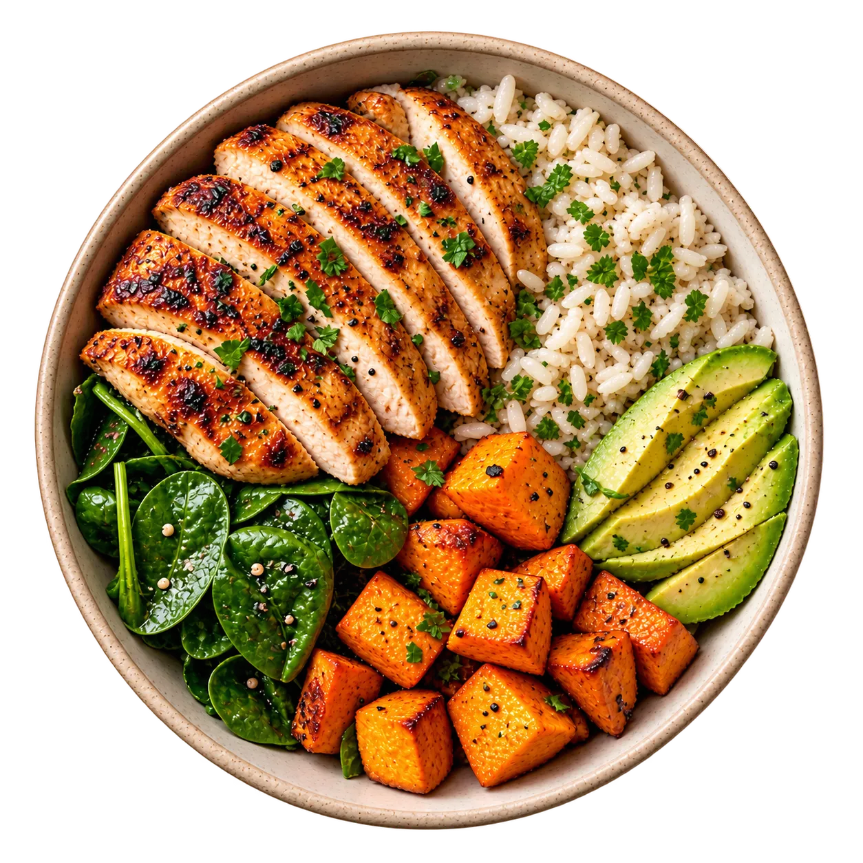 Top-down photo of a bowl with grilled chicken, rice, avocado, spinach and sweet potato