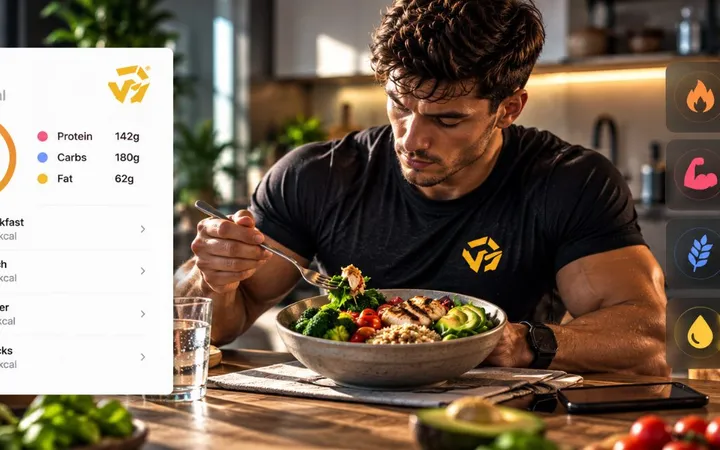 A man eating a chicken and vegetable bowl at a kitchen counter, with nutrition cards showing daily calories, protein, carbohydrates and fat