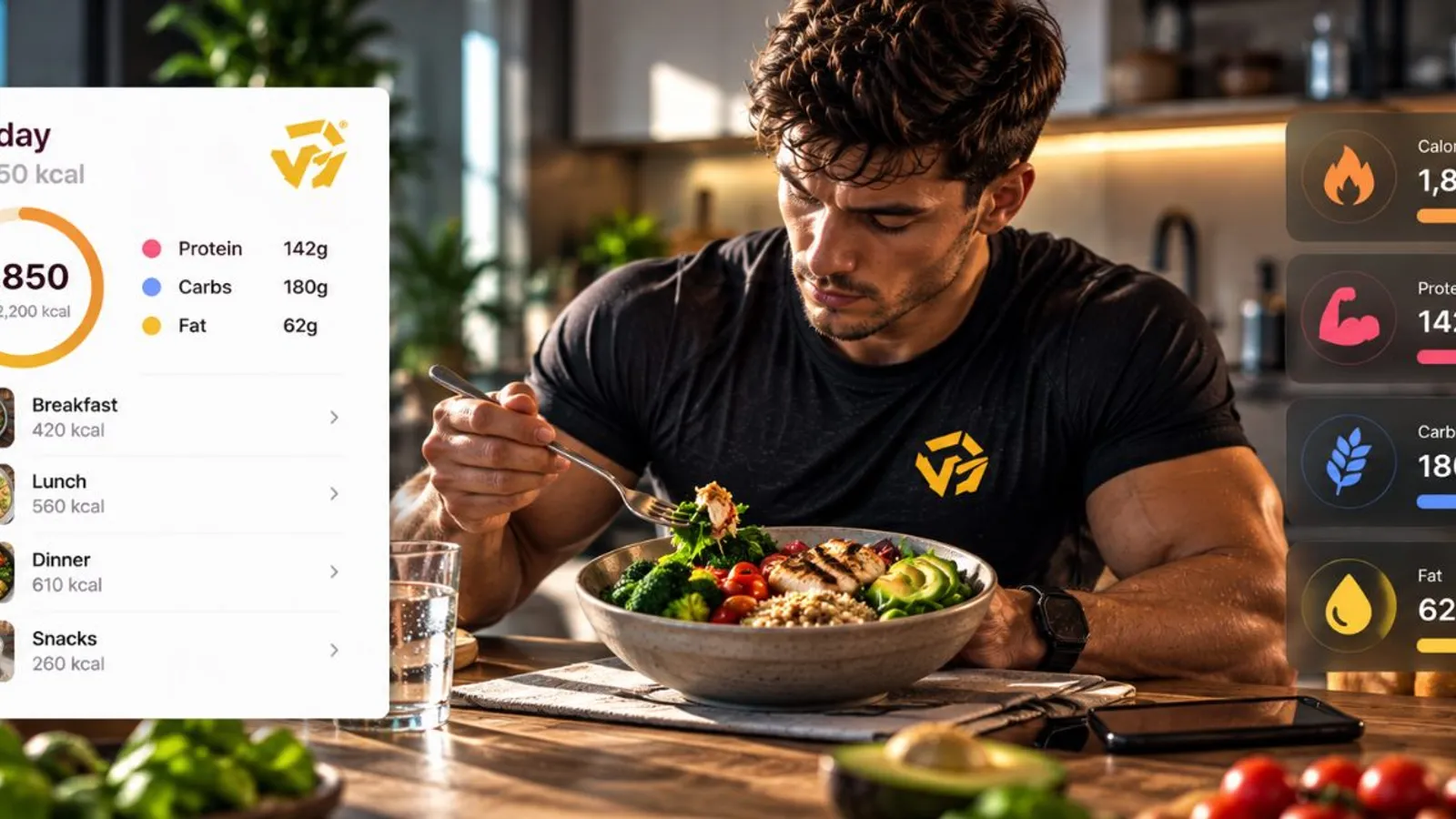 A man eating a chicken and vegetable bowl at a kitchen counter, with nutrition cards showing daily calories, protein, carbohydrates and fat