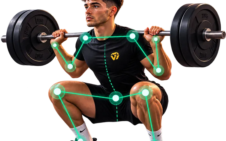 Front view of a lifter at the bottom of a barbell squat, with tracking points on the hips, knees and ankles and both knees and feet clearly visible
