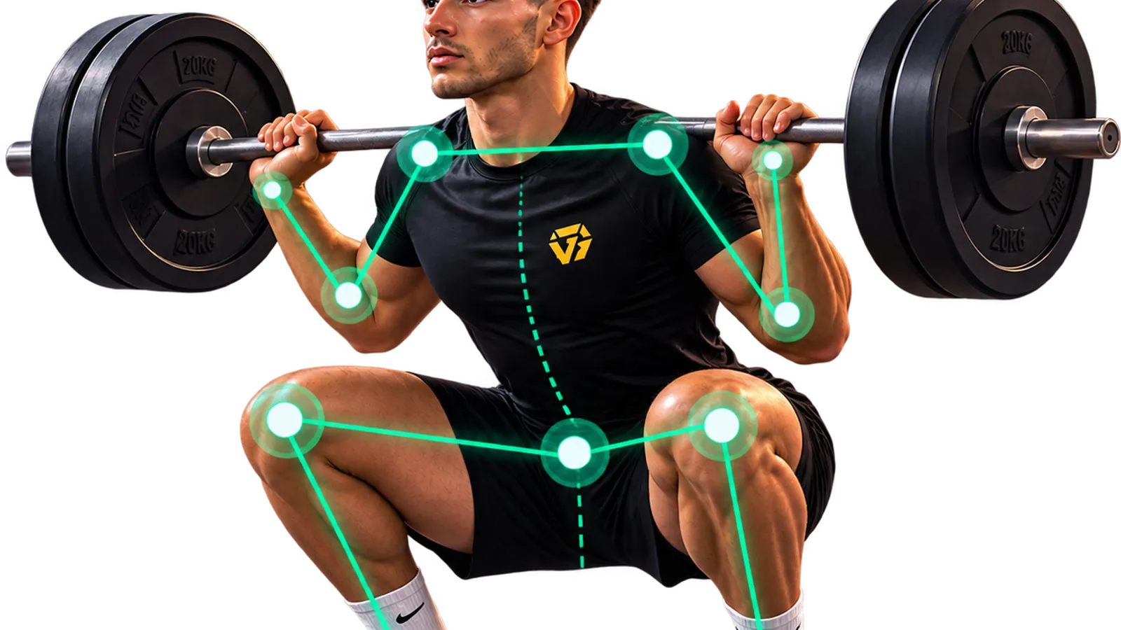 Front view of a lifter at the bottom of a barbell squat, with tracking points on the hips, knees and ankles and both knees and feet clearly visible
