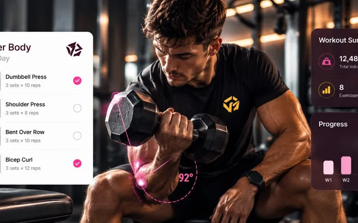A lifter doing a dumbbell curl in a gym, with a workout card listing sets and reps and a chart showing progress rising over six weeks