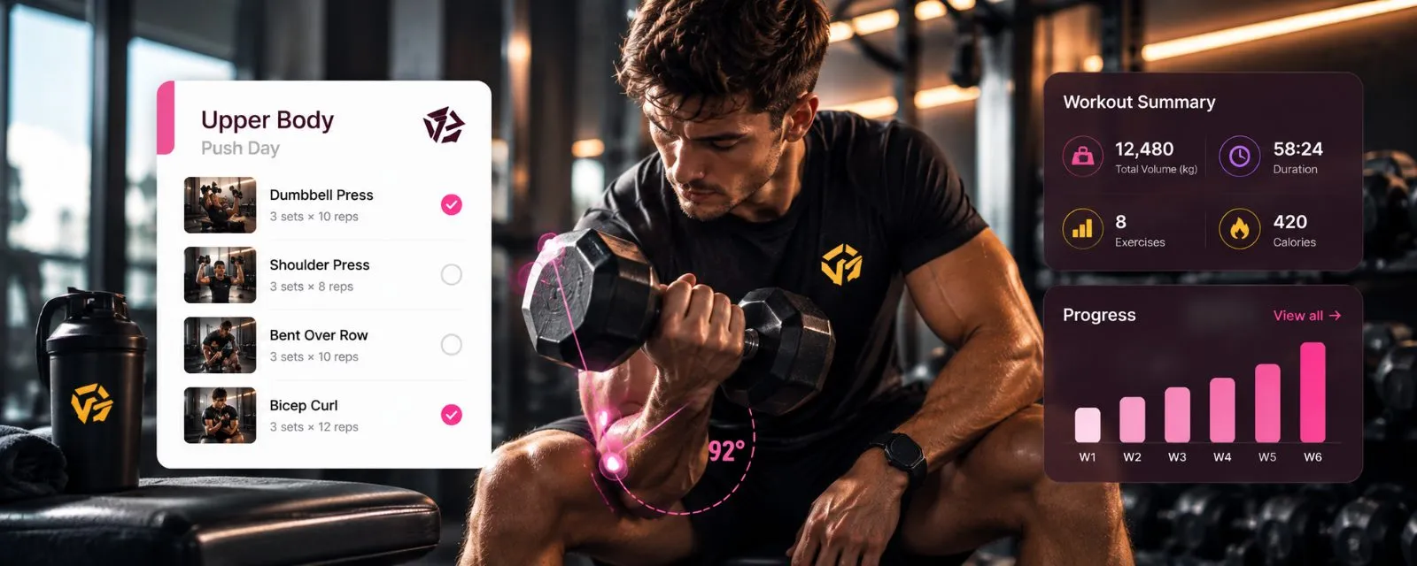 Athlete doing a dumbbell curl in a gym, with a Trayner Upper Body workout card listing exercises with sets and reps, a Workout Summary and a six-week Progress chart