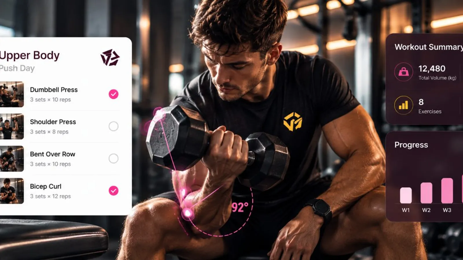 A lifter doing a dumbbell curl in a gym, with a workout card listing sets and reps and a chart showing progress rising over six weeks